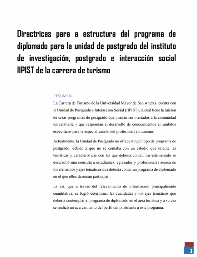 Directrices para a estructura del programa de diplomado para la unidad de postgrado del instituto de investigación, postgrado e interacción social IIPIST de la carrera de turismo
