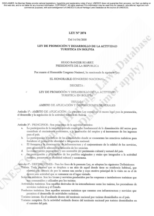 LEY 2074 - LEY DE PROMOCIÓN Y DESARROLLO DE LA ACTIVIDAD TURÍSTICA EN BOLIVIA