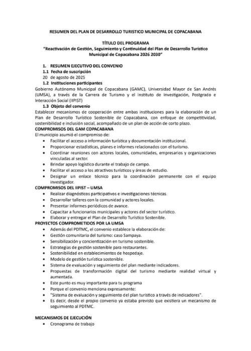 Resúmen del Plan de desarrollo turístico de Copacabana. Reactivación de Gestión, Seguimiento y Continuidad del Plan de Desarrollo Turístico Municipal de Copacabana.