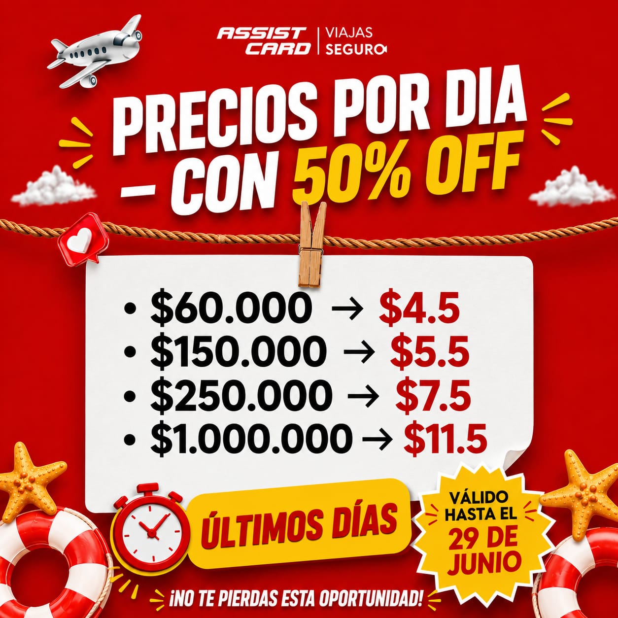 PRECIOS POR DÍA CON 50% DE DESCUENTO